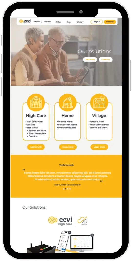 Aged care provider website shown on a phone