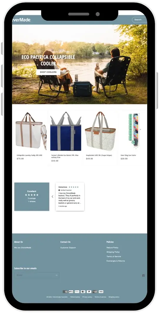 Consumer product website shown on a phone
