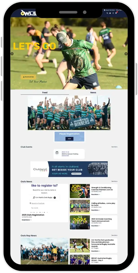 Sports club website shown on a phone